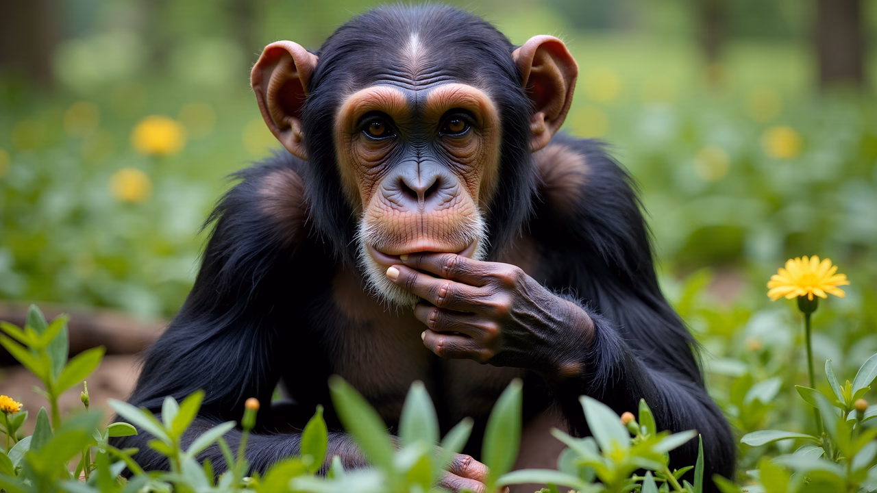 Close-up of a chimpanzee in a natural setting, showcasing its thoughtful expression and vibrant surroundings.