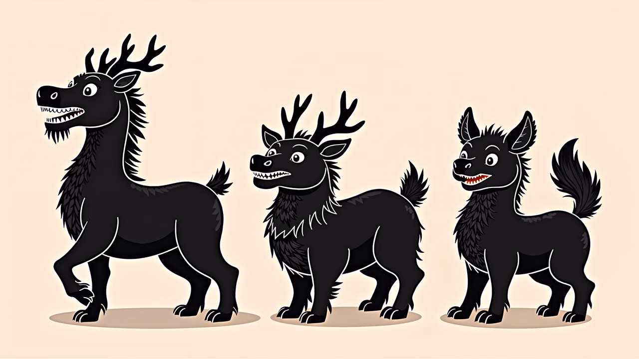 Cartoon-style black creatures with antlers and sharp teeth on a light background.