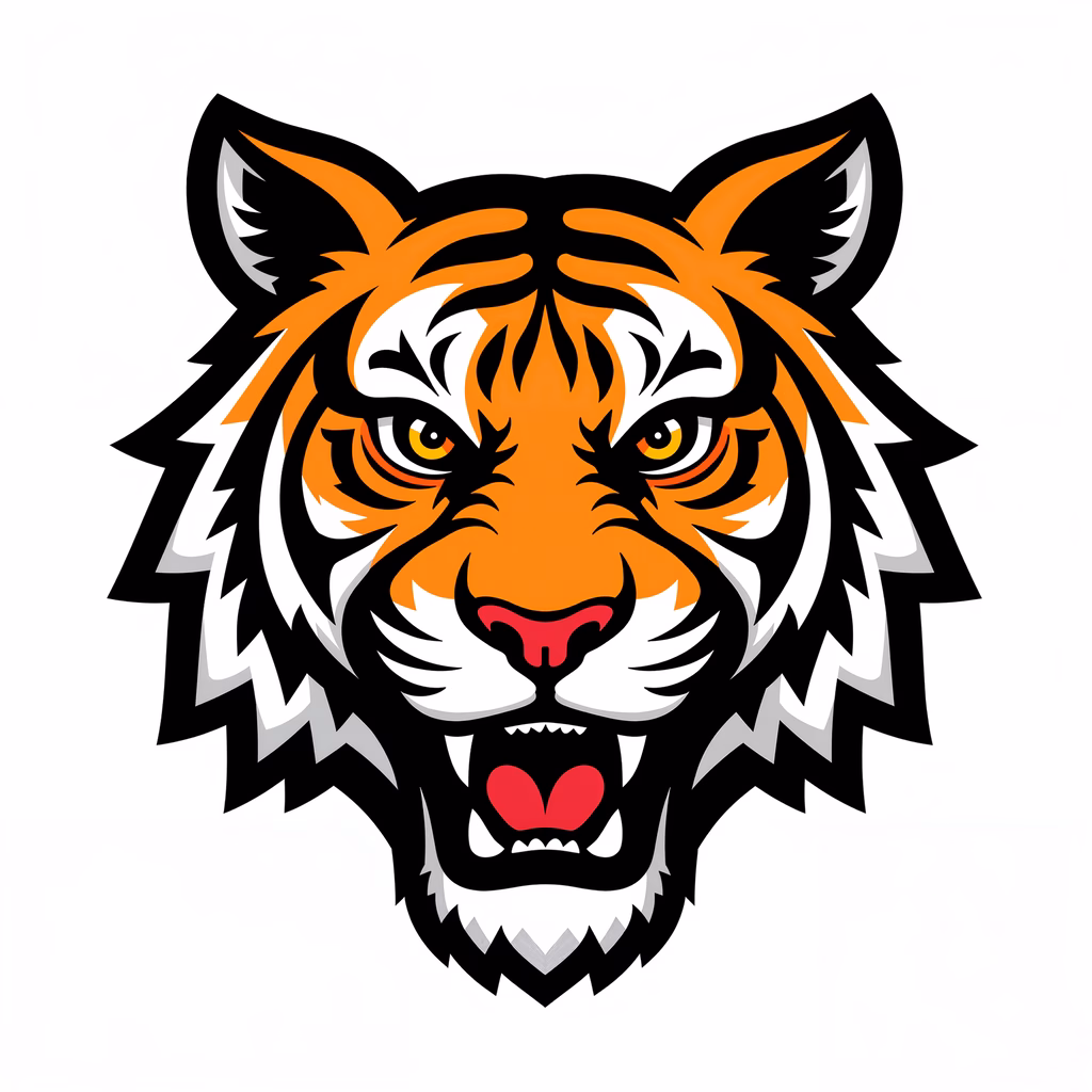 Vibrant tiger head illustration with intense eyes and detailed fur texture.