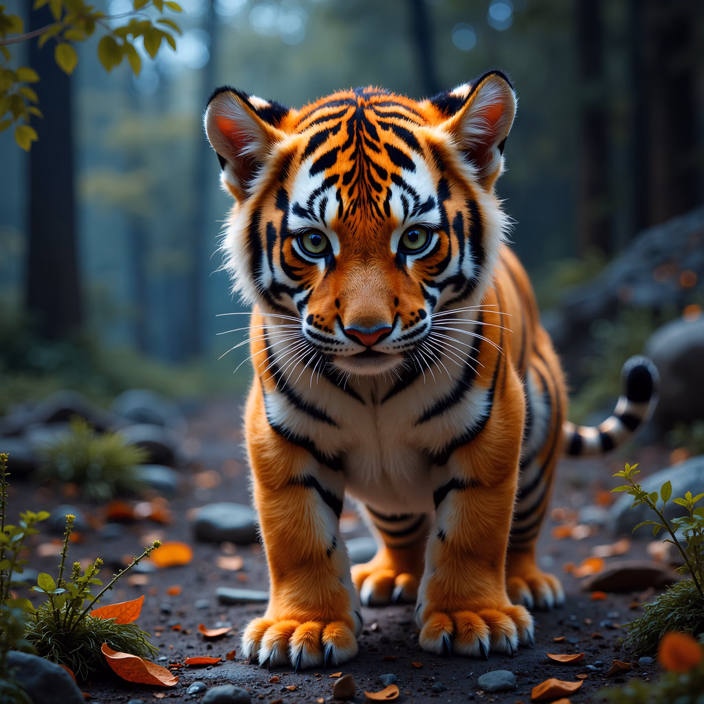 Vibrant tiger illustration in a serene forest setting.