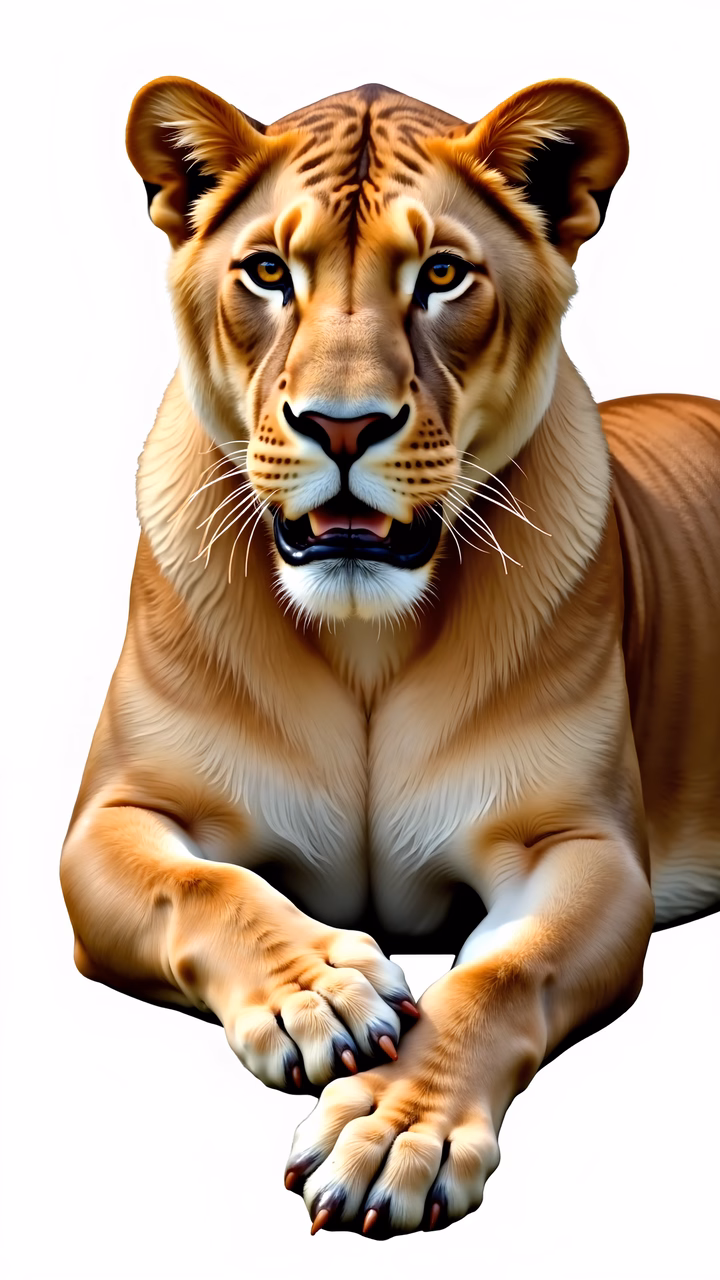A striking illustration of a tiger-lion hybrid, blending strength and beauty.