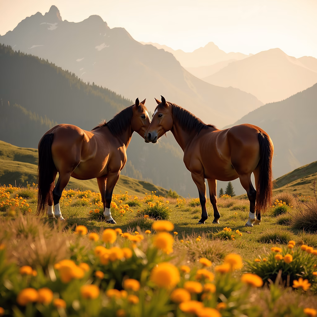Two horses in a meadow, harmonious moment, golden light, peaceful landscape