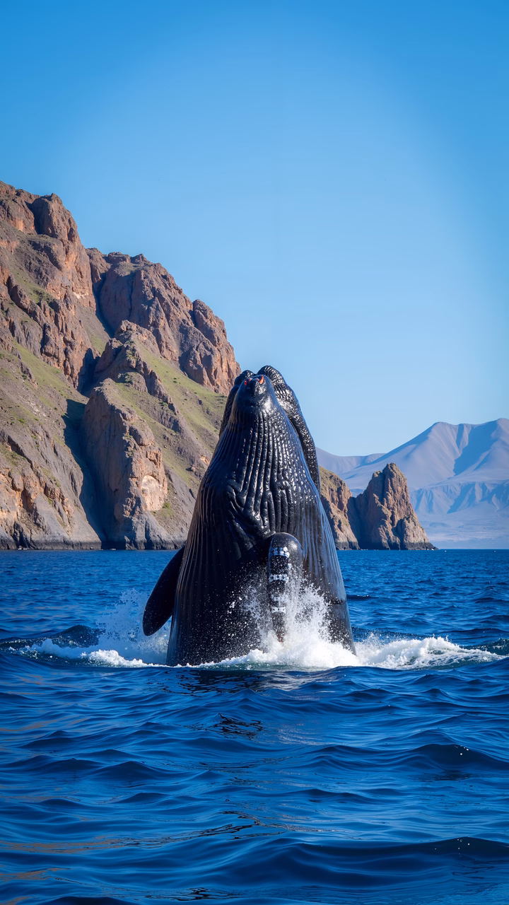 A whale breaching in front of rugged cliffs and a clear blue sky.