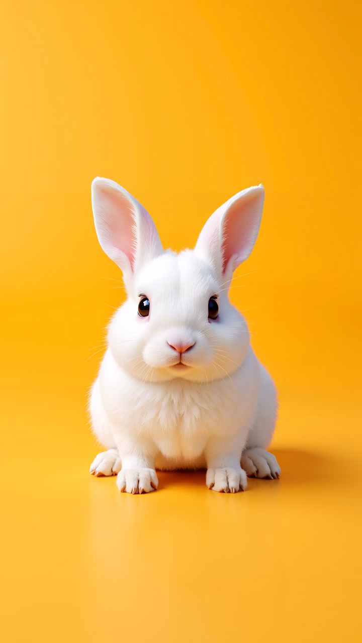 A white rabbit sitting on a yellow background, evoking innocence and curiosity.