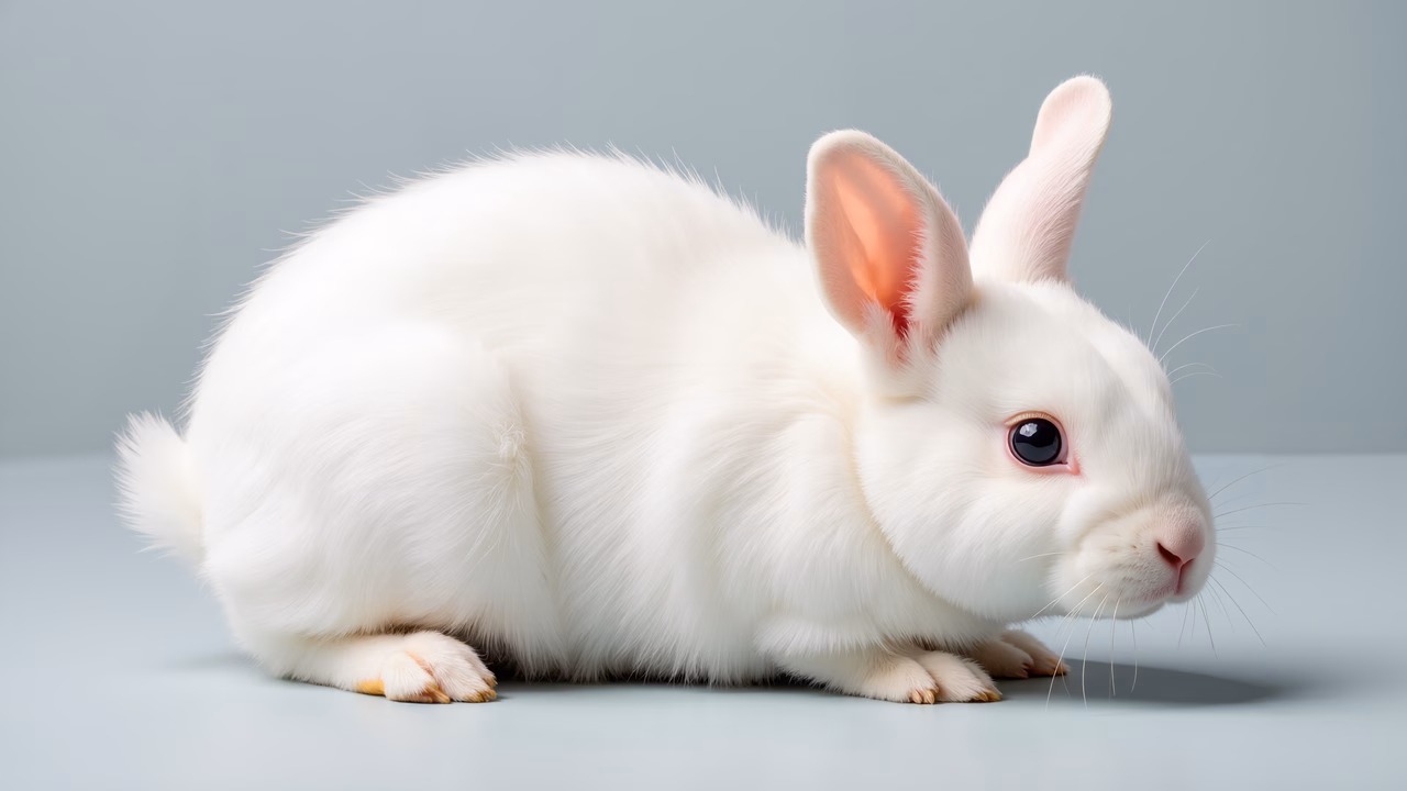 Close-up of a calm white rabbit against a minimalist background.