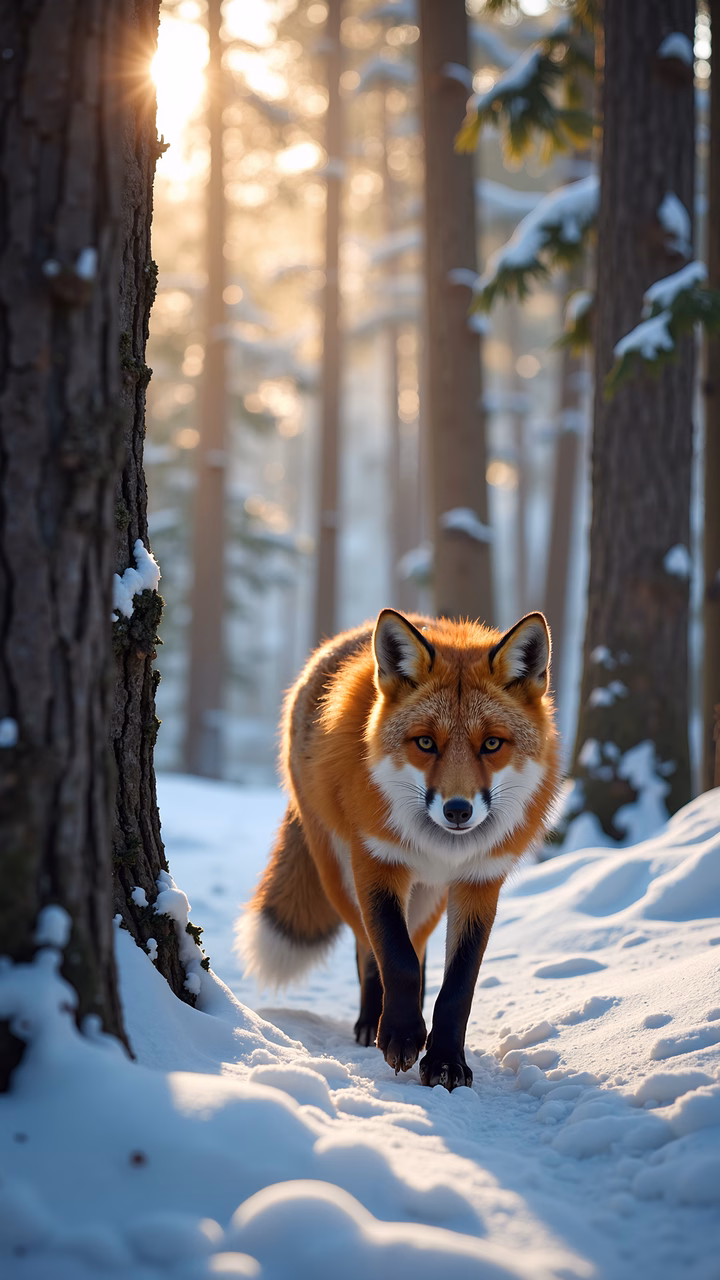 A fox in a snowy forest bathed in golden sunlight, evoking a sense of tranquility and wonder.