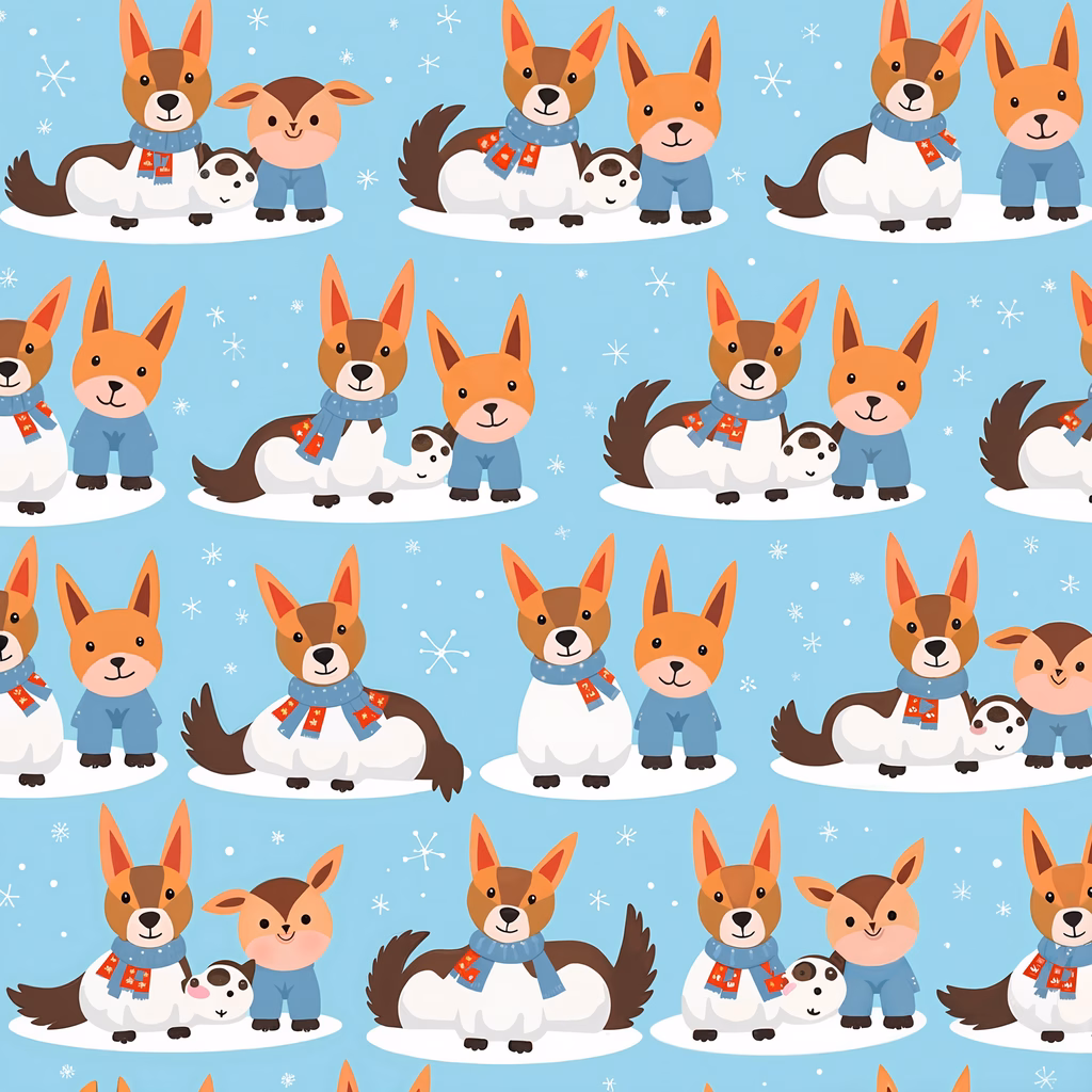 Cute winter-themed illustration featuring dogs and a snowman on a snowy day.