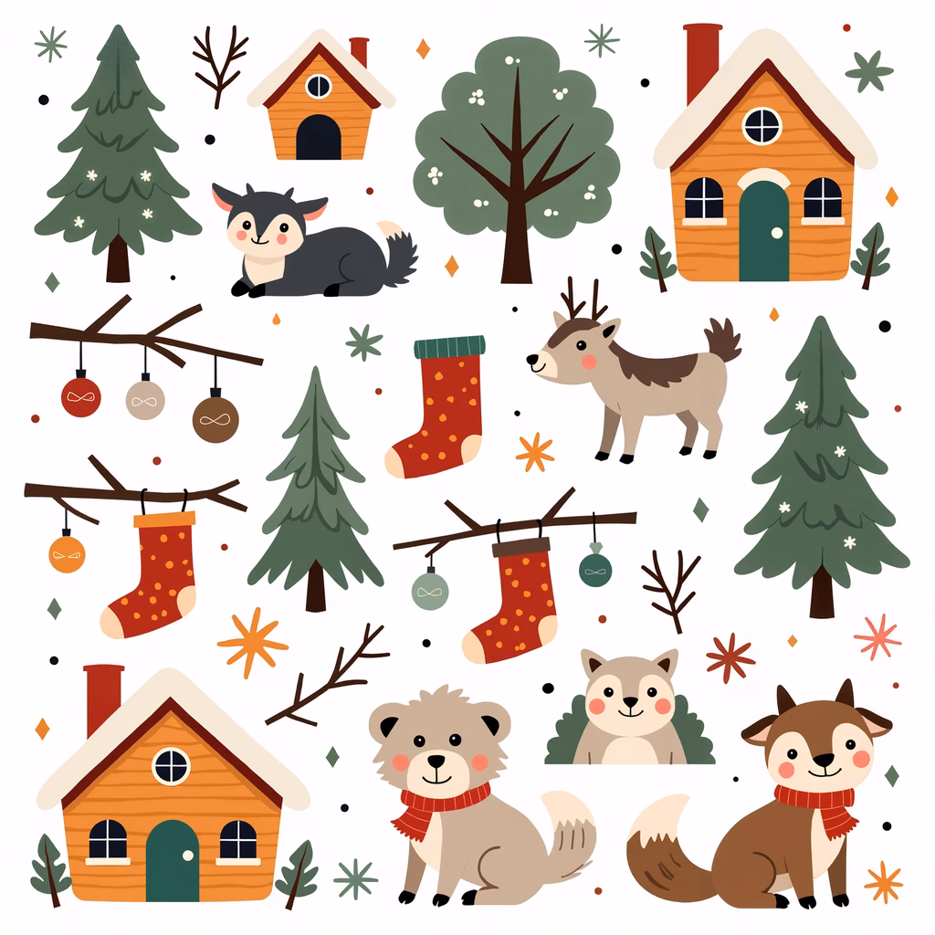 Cute winter illustration with cozy houses and woodland animals.