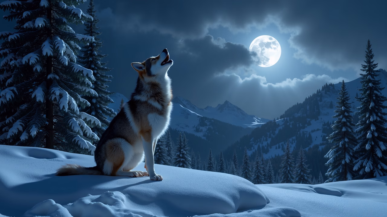 Wolf howling at the moon in a snowy mountain landscape.