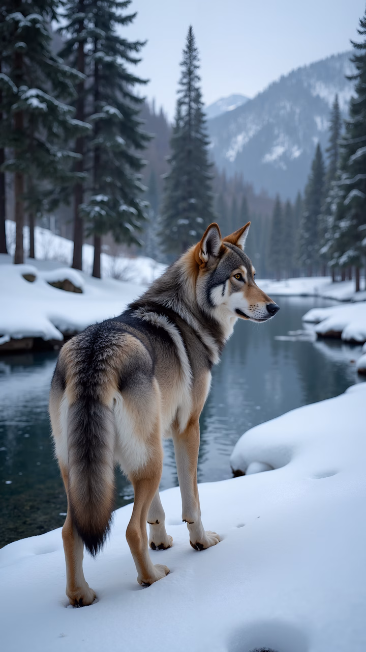 A wolf in a tranquil winter setting, surrounded by snow and evergreens.