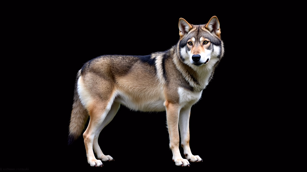 A powerful wolf portrait with striking yellow eyes and detailed fur against a black background.