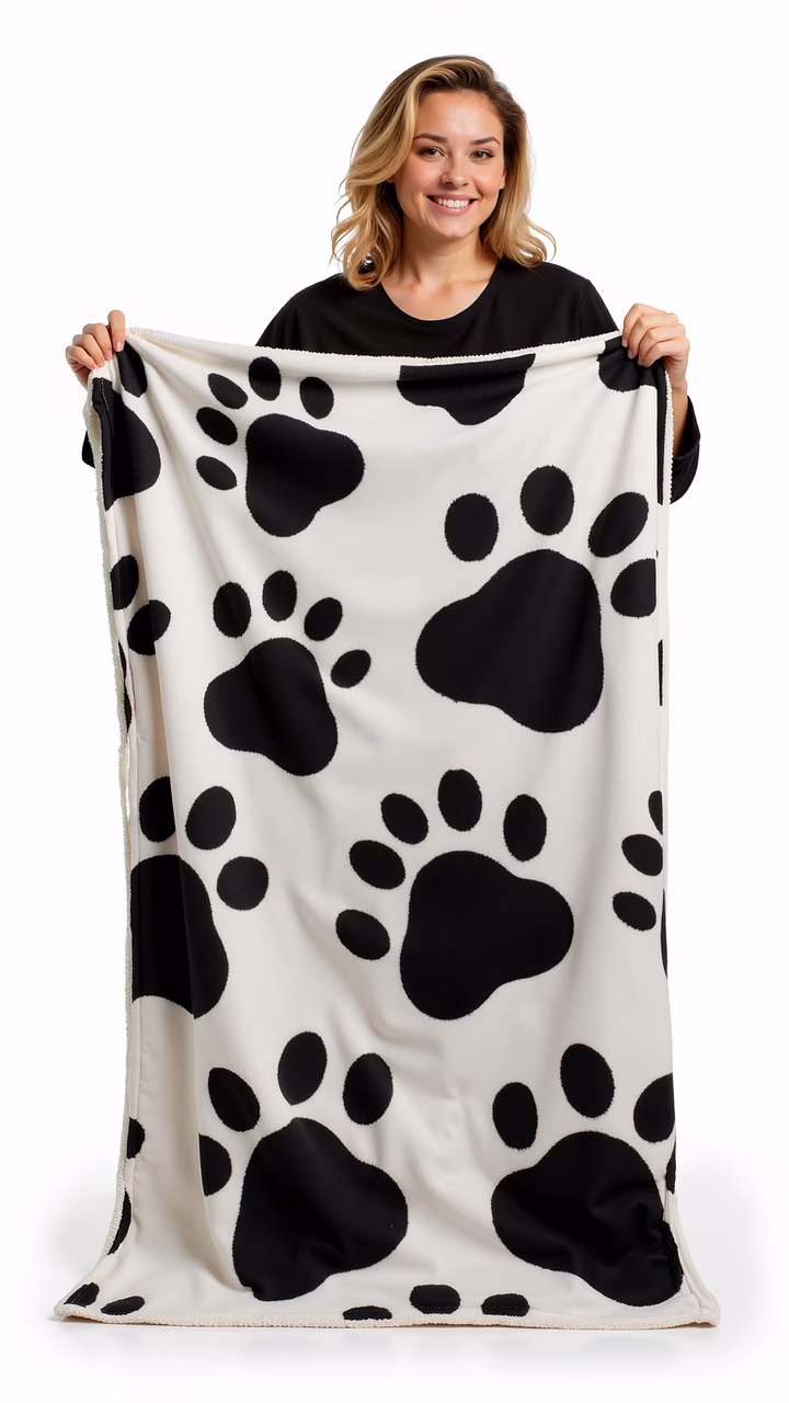 Woman showcasing a paw print blanket against a clean white backdrop.