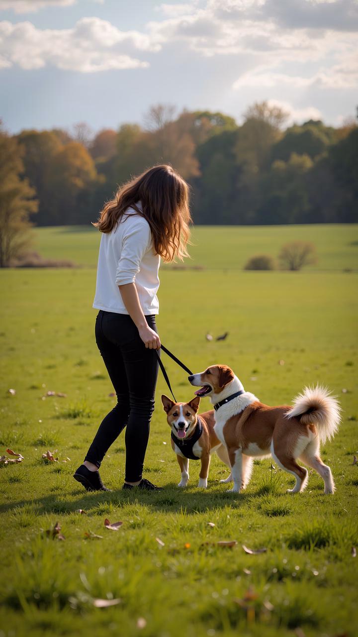 Woman walking her dogs in a sunny park, enjoying nature's beauty.