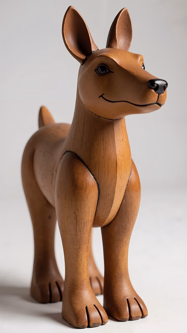 A delightful wooden sculpture of a smiling kangaroo, perfect for home decor.