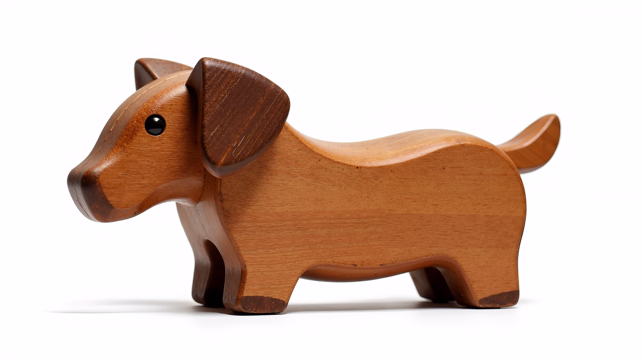 A delightful wooden toy dog with a glossy finish and warm tones.