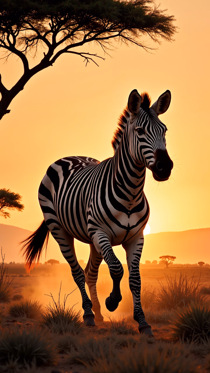 A zebra in a stunning sunset landscape, blending wildlife and nature photography.