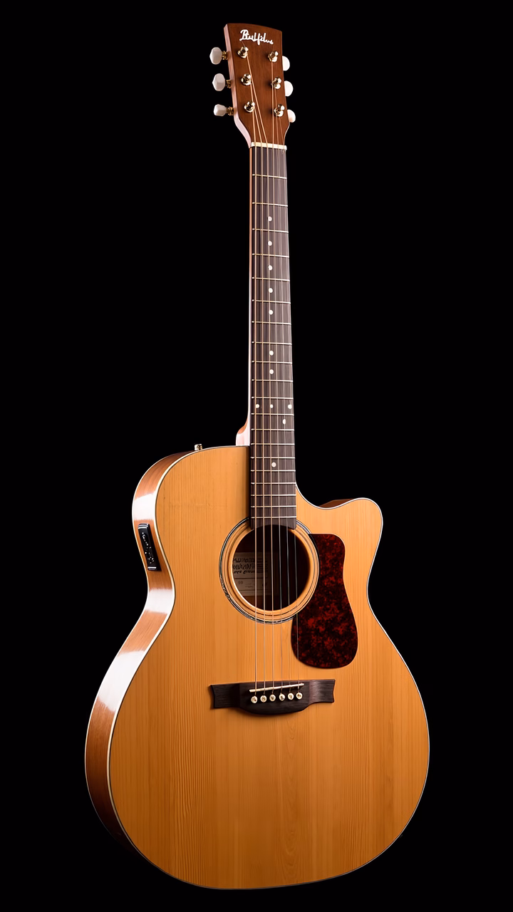 A close-up of an acoustic guitar with natural wood grain and glossy finish against a black background.