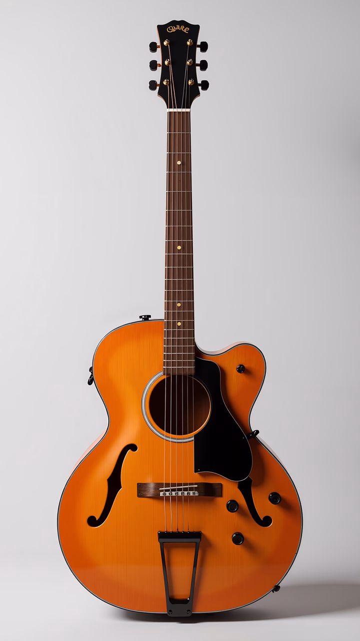Close-up of a classic acoustic guitar with detailed craftsmanship and warm tones.