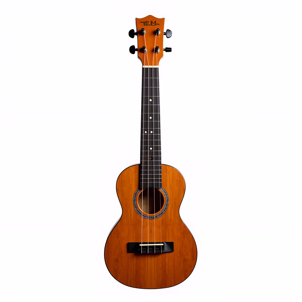 Close-up of a wooden acoustic ukulele with a glossy finish against a white background.