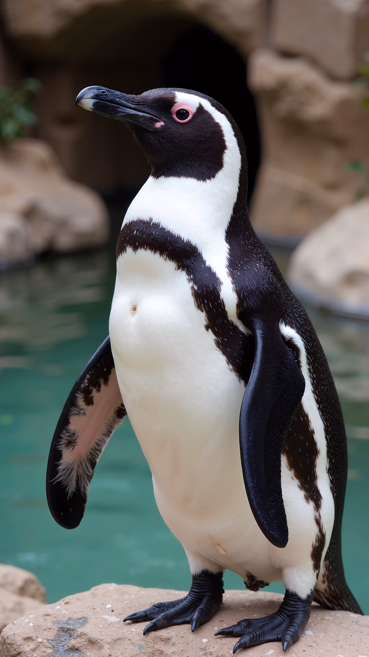 Close-up portrait of an African penguin standing by a pool, showcasing its striking black and white plumage.