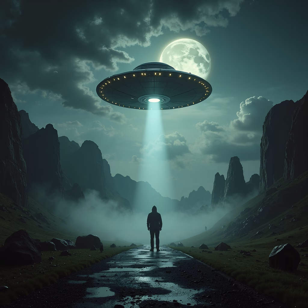 Mysterious alien encounter under a full moon, surreal landscape, science fiction