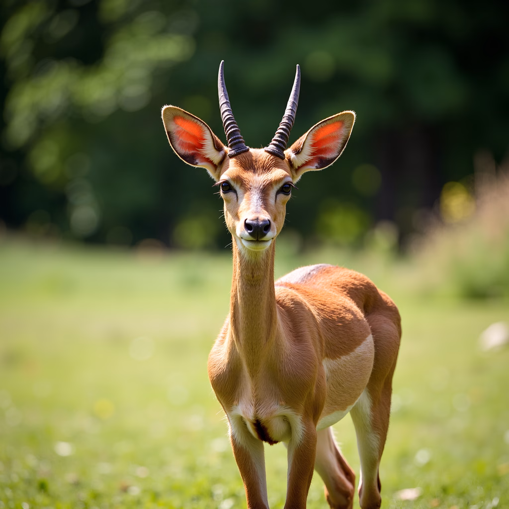 Close-up portrait of an antelope with vibrant orange fur and prominent horns, set against a blurred green background.