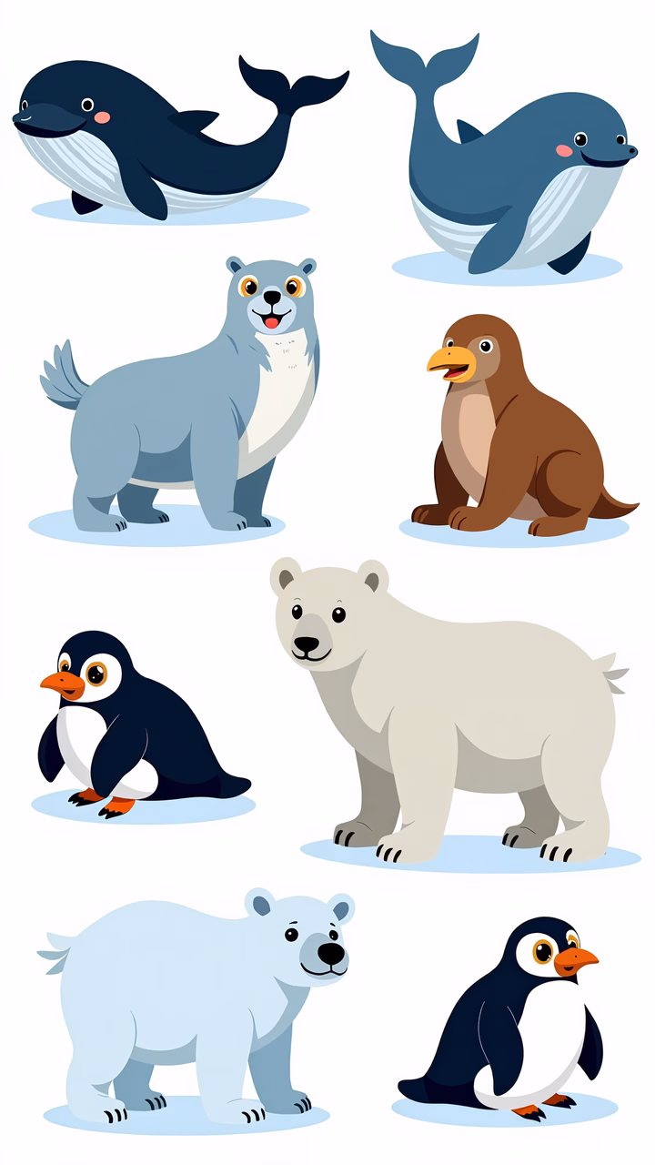 A delightful collection of Arctic animals in a soft, pastel-colored illustration.