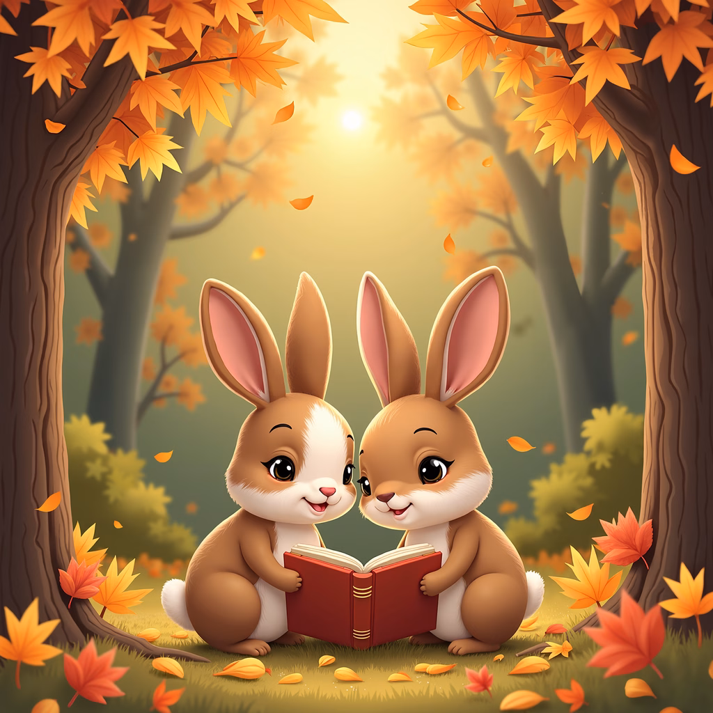 Two cute bunnies reading in a beautiful autumn forest.