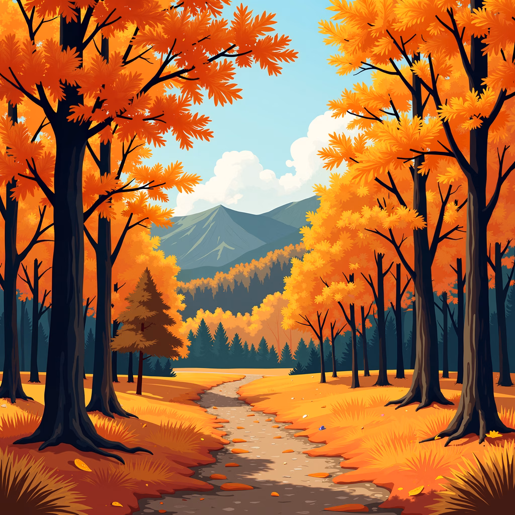A tranquil autumn forest scene with colorful foliage and a winding path leading towards a mountain.