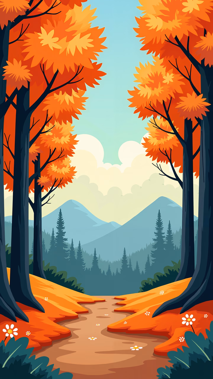 Autumnal forest scene with colorful foliage and winding path.