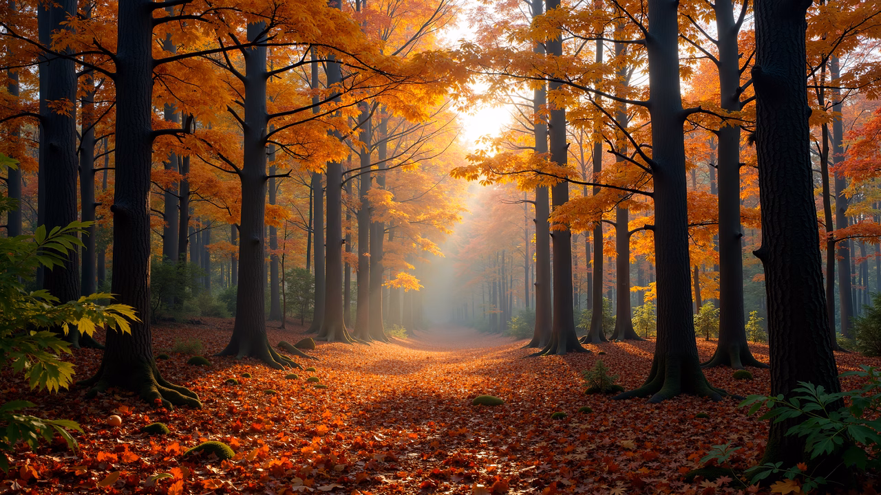 Golden autumn forest path bathed in sunset light