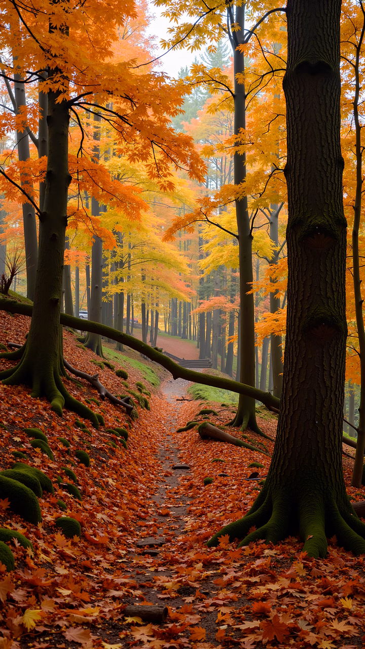 A picturesque autumn forest path surrounded by colorful foliage and fallen leaves.