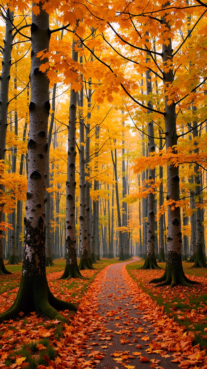 A tranquil autumn forest path lined with colorful leaves and dappled sunlight.