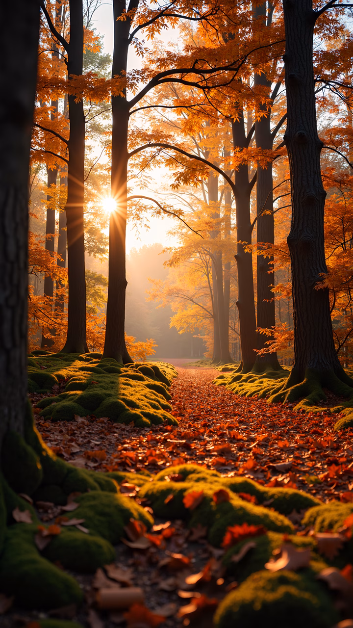 Golden sunlight illuminates a mossy forest path in autumn.