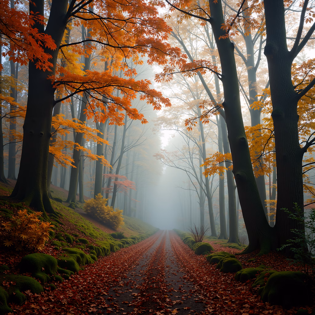A tranquil autumn forest path bathed in soft light, inviting exploration into a misty, serene landscape.