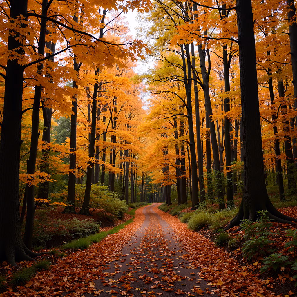 A tranquil autumn forest path surrounded by colorful foliage.