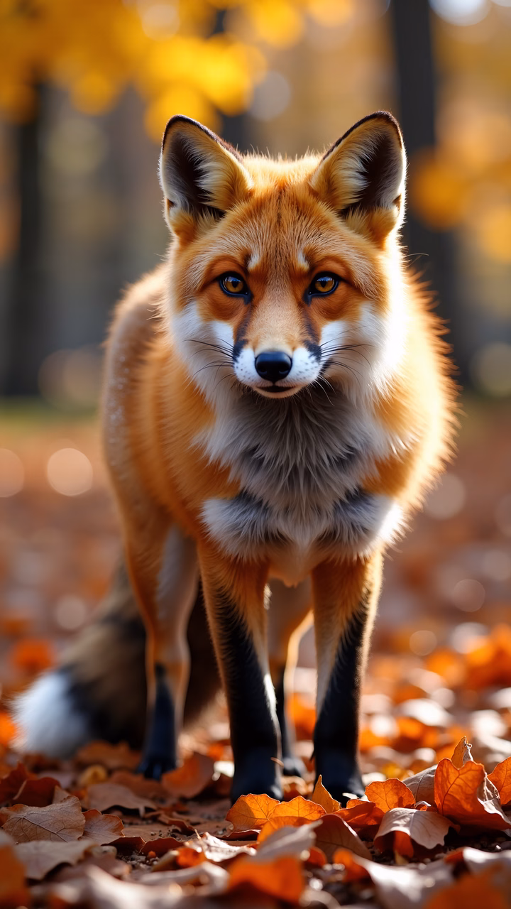 Close-up of a fox in autumn foliage, captured in warm sunlight.