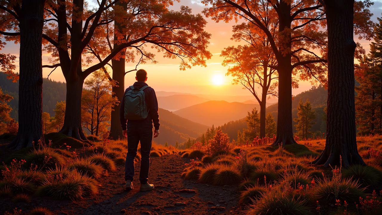 Solitary hiker admiring autumn sunset amidst vibrant foliage and rolling hills.