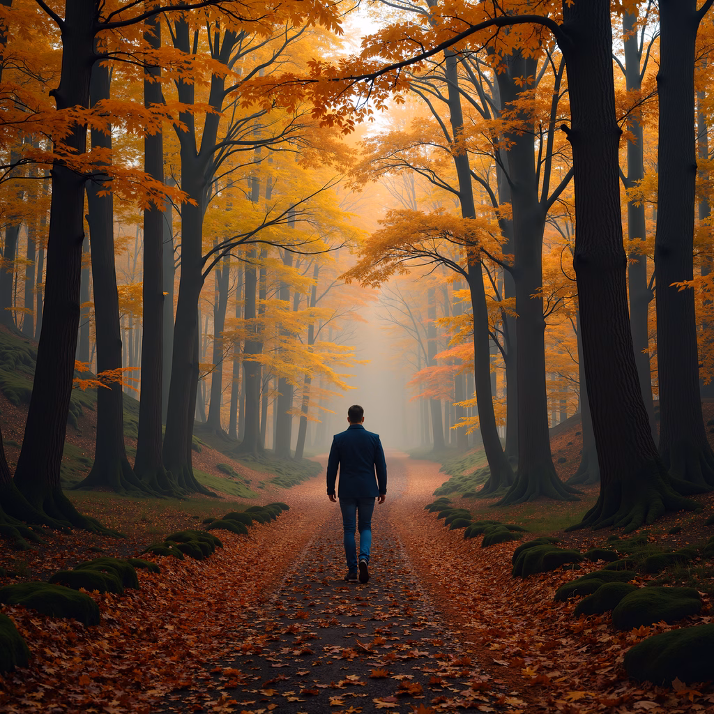Solitary figure walking through autumnal forest with misty ambiance.