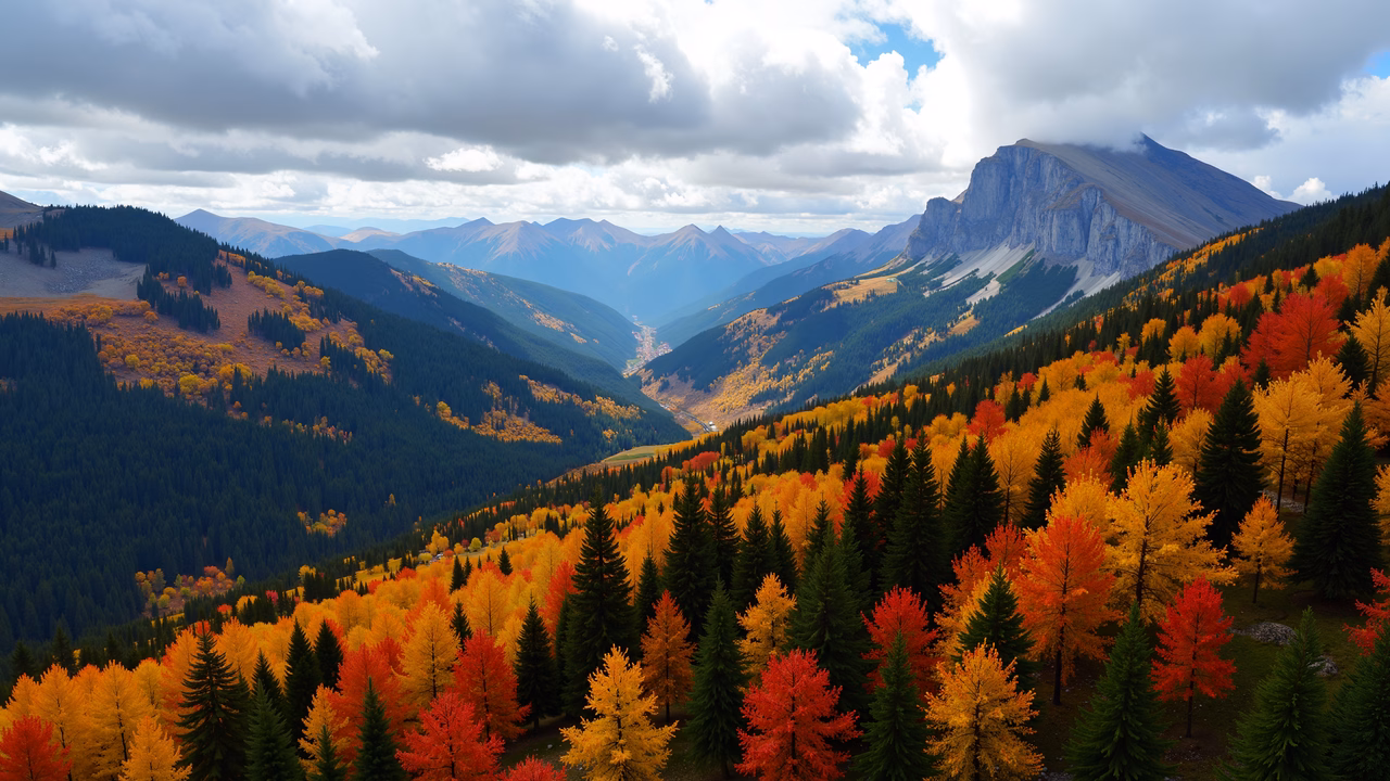 Autumn colors in a mountainous landscape with dramatic skies.