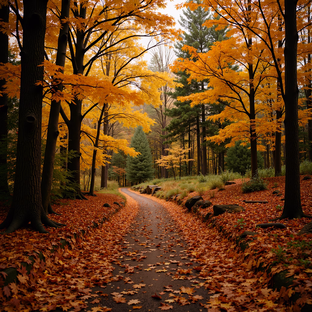 Autumnal pathway through a forest with vibrant foliage and soft light.