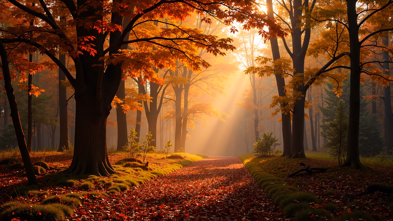 Golden autumn pathway with vibrant foliage and soft lighting.
