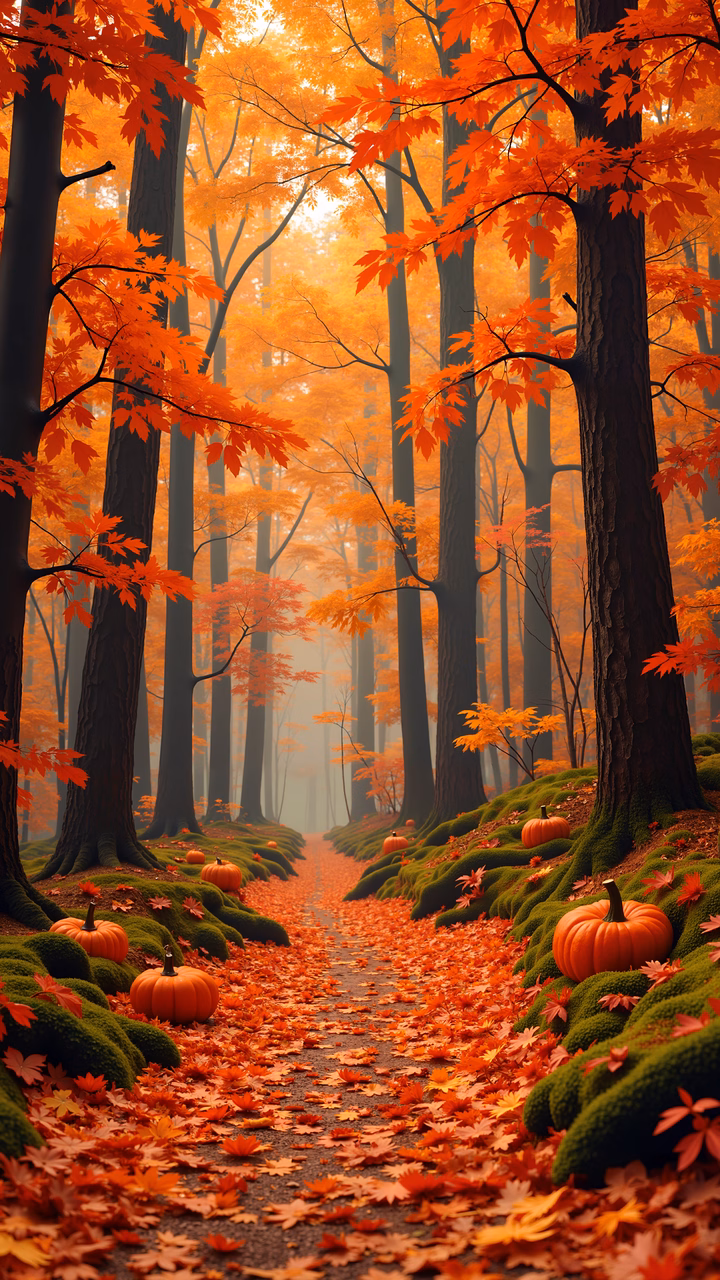 A tranquil autumn pathway adorned with vibrant leaves and pumpkins, enveloped in a misty ambiance.