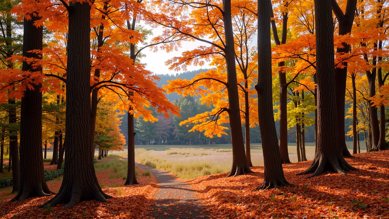Autumn pathway with vibrant foliage and dappled sunlight.