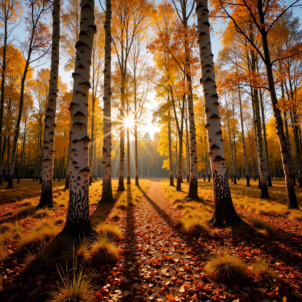 A tranquil autumn pathway lined with birch trees and golden foliage under a sunny sky.