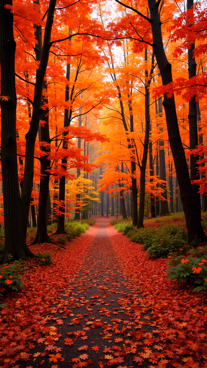A picturesque autumn pathway surrounded by colorful foliage and soft light.