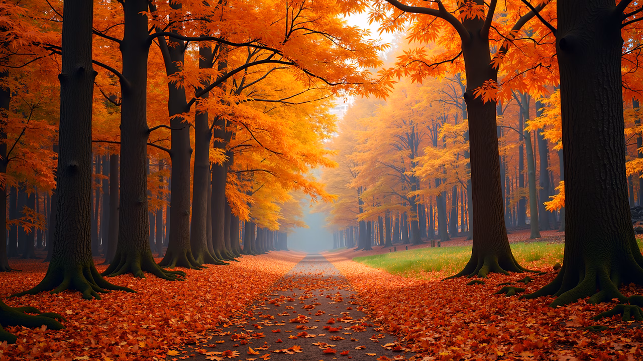 A picturesque autumn pathway lined with colorful trees and fallen leaves, evoking tranquility and natural beauty.