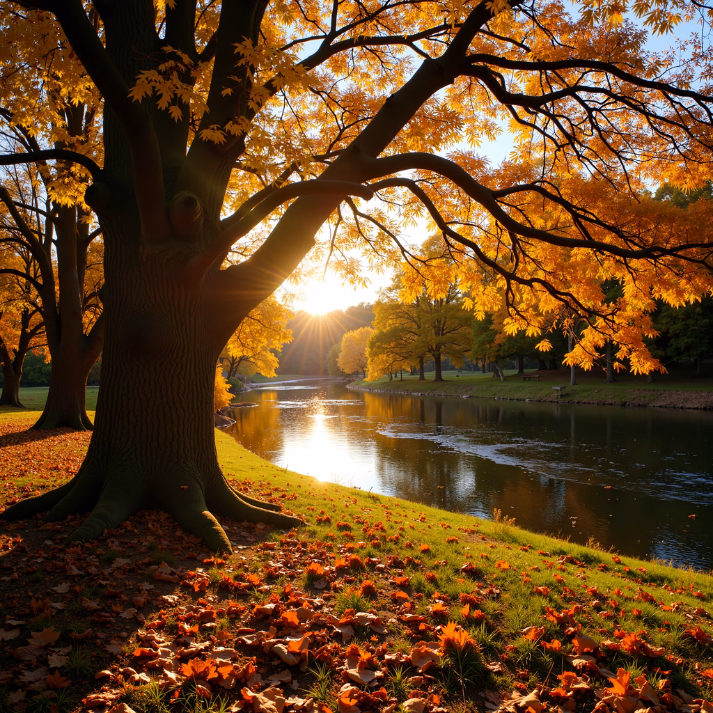 Golden autumn landscape with serene river and glowing sunlight.