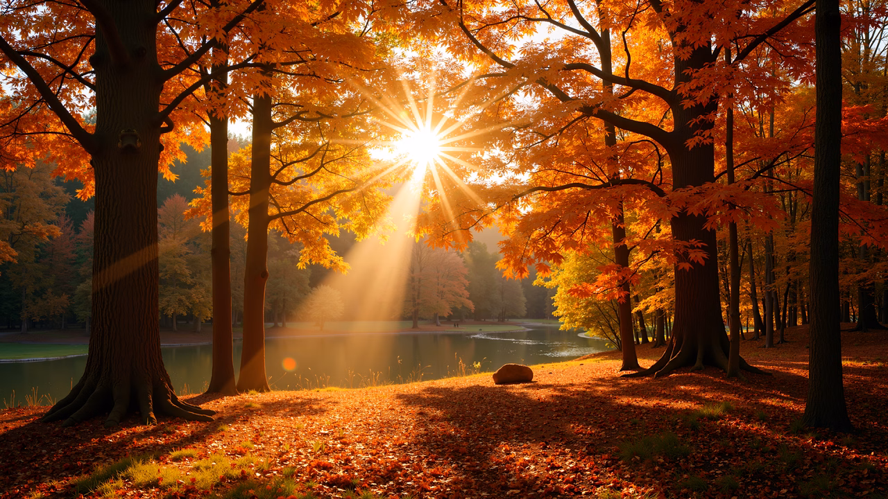 Golden sunlight illuminates a tranquil autumn landscape with vibrant foliage and a reflective lake.