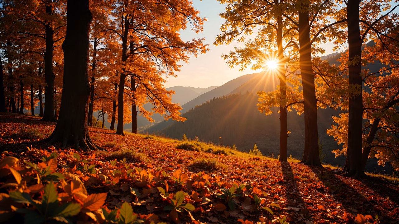 Golden sunlight illuminates a tranquil autumn landscape with tall trees and fallen leaves.